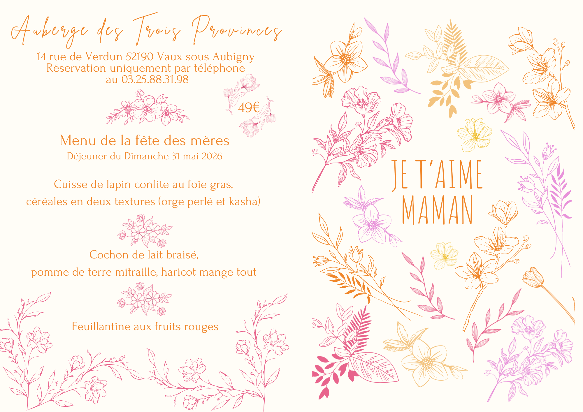 Carte Pliée Joyeuse Fête des Mères Orange et Rose Illustrations Florales